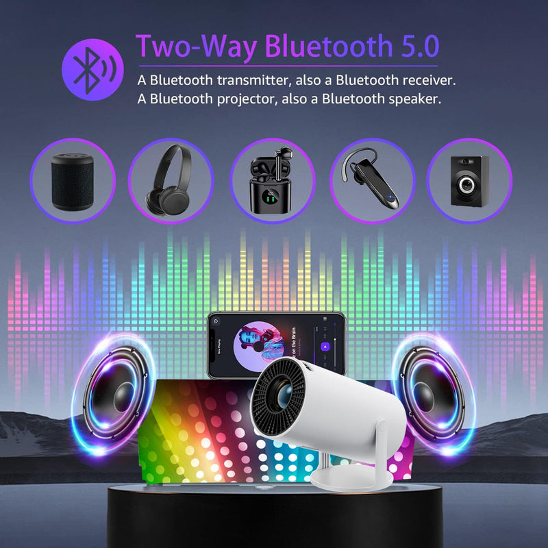 HY300 Projector with WIFI6 and Bluetooth, 4K 1080P Support with Android TV 11.0, Mini Portable Projector 180° Rotatable Movie Projector ,Auto Keystone Compatible for Laptop, PC, Smartphone White
