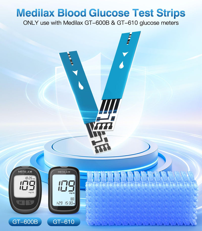 Medilax Blood Glucose Test Strips, Only for Medilax Blood Glucose Monitor | 100 Counts Blood Sugar Test Strips + 100 Counts Lancets, Testing Kit for Diabetes, High Accuracy & Fast Results