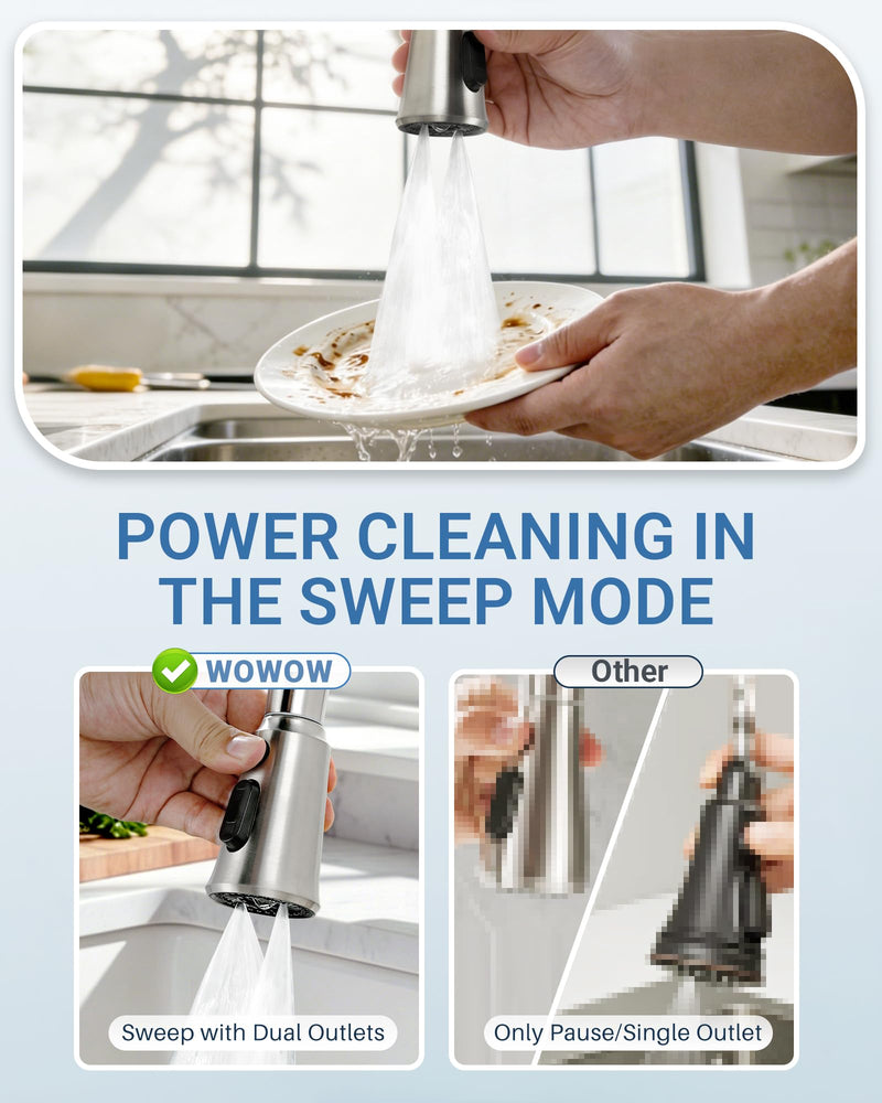 WOWOW Kitchen Faucet Head Replacement – 304 Stainless Steel 3-Mode Pull Down Spray Head with 13 Adapters, Compatible with Moen Delta Kohler American Standard, Easy DIY Install, Brushed Nickel
