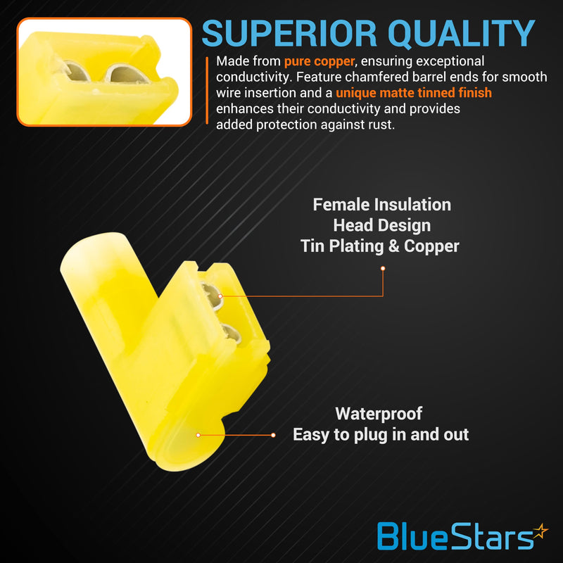 BlueStars 100 PCS Yellow Flag Spade Terminals Female AWG 12-10, 400V, 24A Electrical Connectors Kit, Nylon Flag Spade Quick Disconnects Female Wire Connector - Right Angle Yellow - 100 pieces