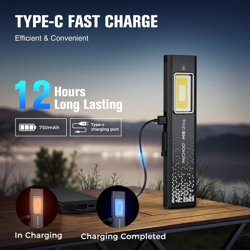 RECHOO Flat EDC Flashlight Rechargeable, 8-Mode Slim Pocket Flashlight with Magnetic Base & Clip, Lightweight Mini Rechargeable Flashlights for Everyday Carry, Working, Camping, Car Repair & Emergency Black