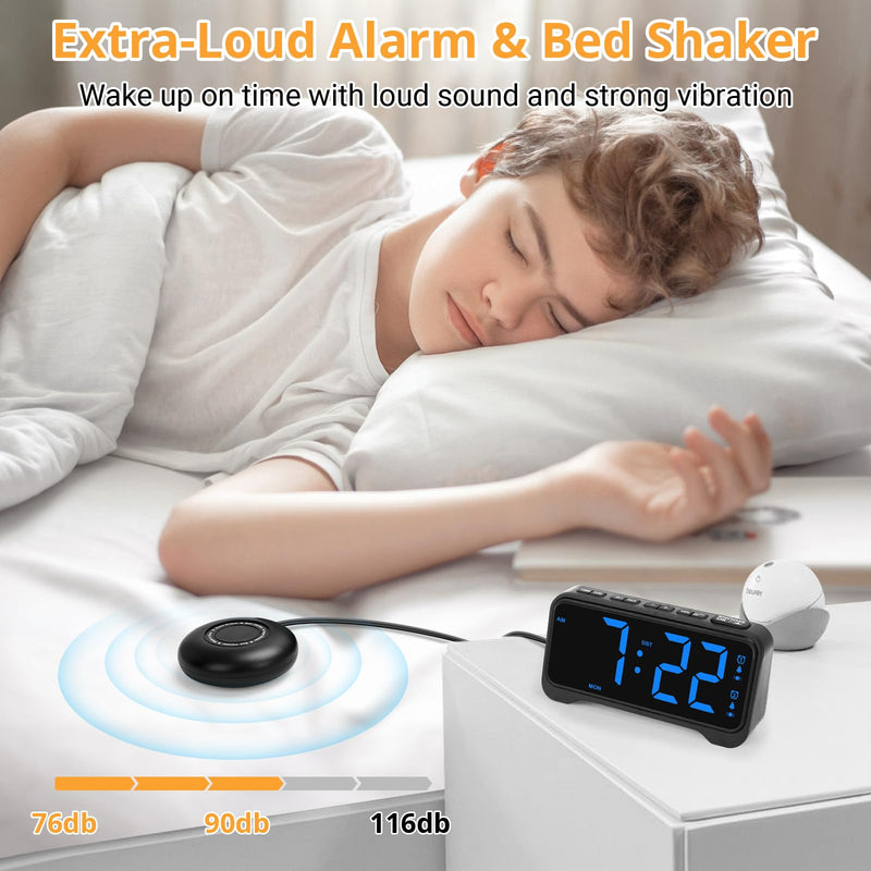 Loud Alarm Clock for Heavy Sleepers Adults, Vibrating Alarm Clock for Teens/Deaf, 7.5" Bright Clear Digital Screen, Adjustable Brightness with Night Light, 3 Levels Bed Shaker Under Pillow, Dual Alarm Blue