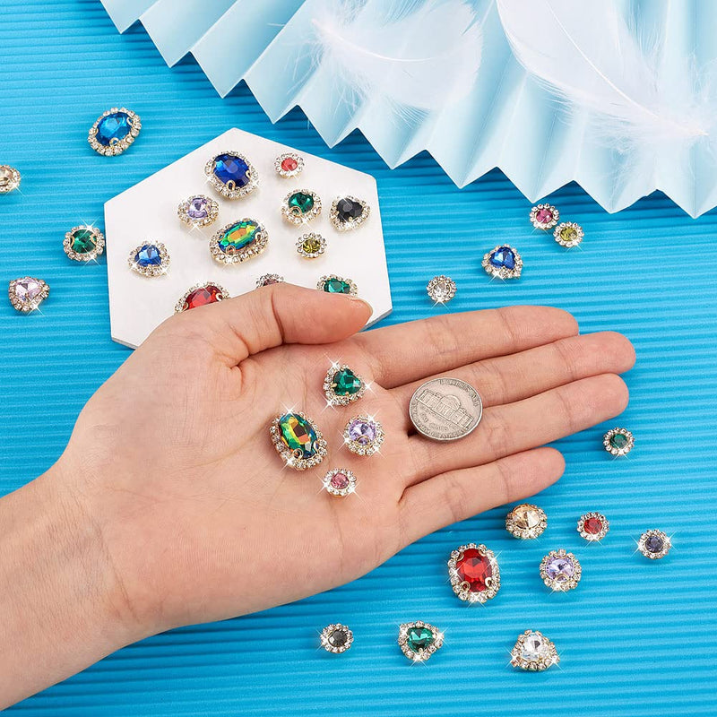 160PCS Sew on Rhinestones for Jewelry Costumes with Light Gold Plated Claws Sewing Glass Crystals Gems for Necklaces Brooches Dress Hair Bows Hats Decor Assorted Shapes