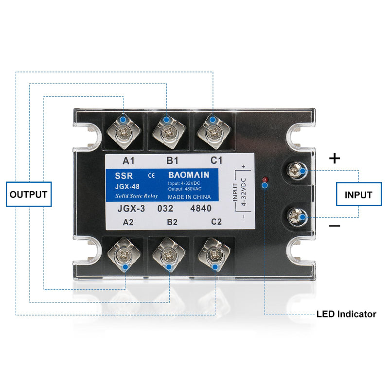 Baomain 3 Phase Solid State Relay JGX-3340A 4-32 VDC Input 480VAC 40 Amp Output DC/AC