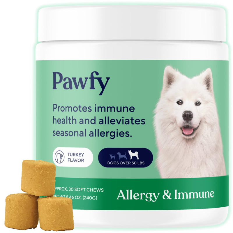 Pawfy Dog Allergy Chews for Large Breed with Itchy Skin & Paw Licking | Allergy & Immune Support for Dogs with Probiotics, Salmon Oil, Turmeric & Vitamin B12 | 30 Turkey Flavoured Chews