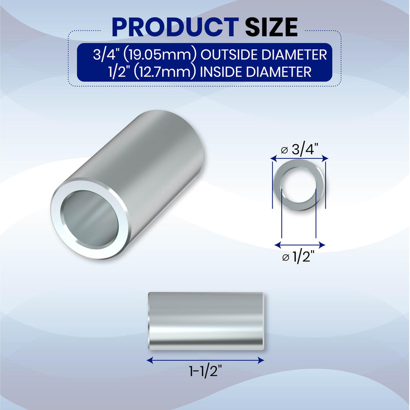Aluminum Spacer - 3/4" OD x 1/2" ID - Unthreaded Round Standoff Bushing, Precision Metal Spacer, Plain Finish, Durable T-6061 Aluminum for 1/2" or M12 Screws/Bolts, 1-1/2" Length (Pack of 25)