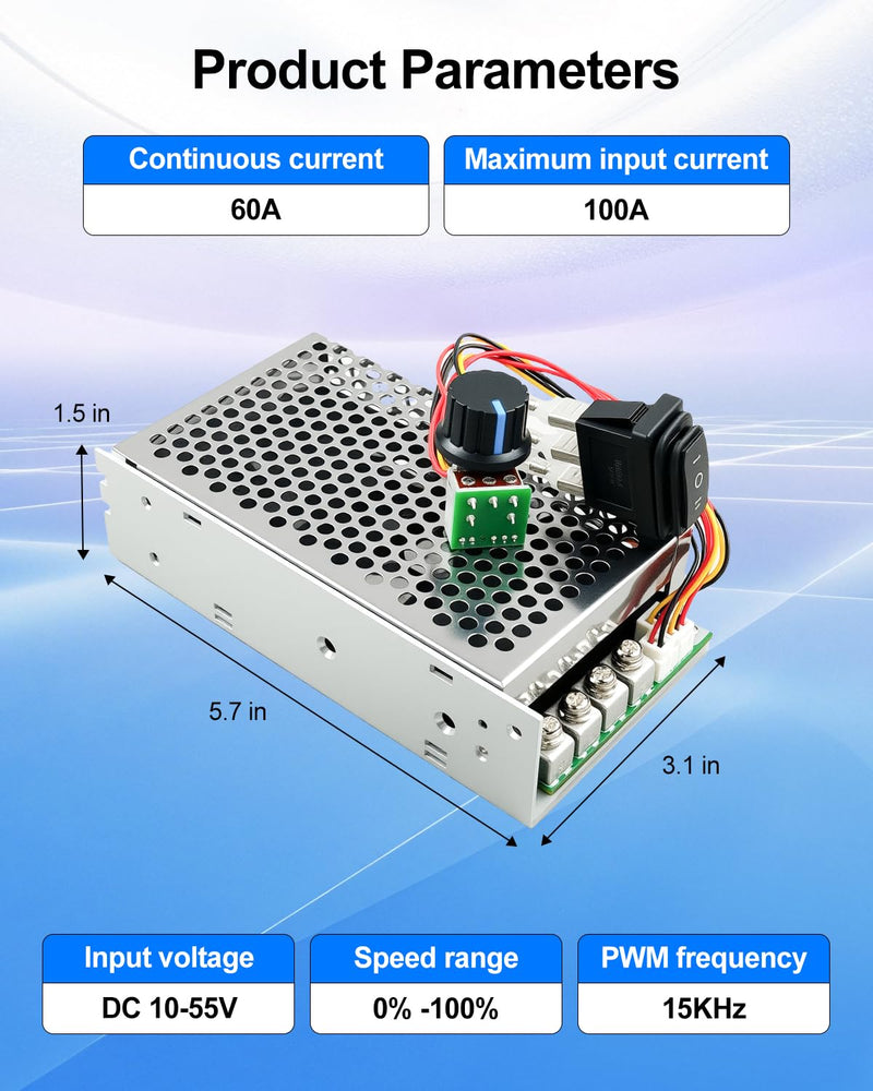 DC Motor Speed Controller 10V-55V, DC Rated 60A / Max 100A Reversible PWM Control Module for Motor, Variable Speed Adjuster with Forward-Brake-Reverse Switch & Aluminum Case