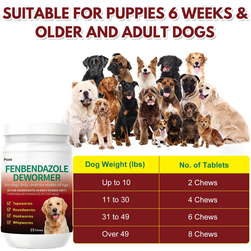 Dog Dewormer with Fenbendazole for Dogs, Broad-Spectrum, Safe for Puppies 6 Weeks & Older, 25 Chews