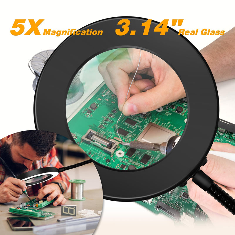 Soldering Magnifying Glass Helping Hands Magnifier, Magnetic Magnifier Lamp with 3 Color Modes, Flexible Gooseneck 5X Magnifying Glass Lamp for Helping Hands Soldering Station Solder Electronics