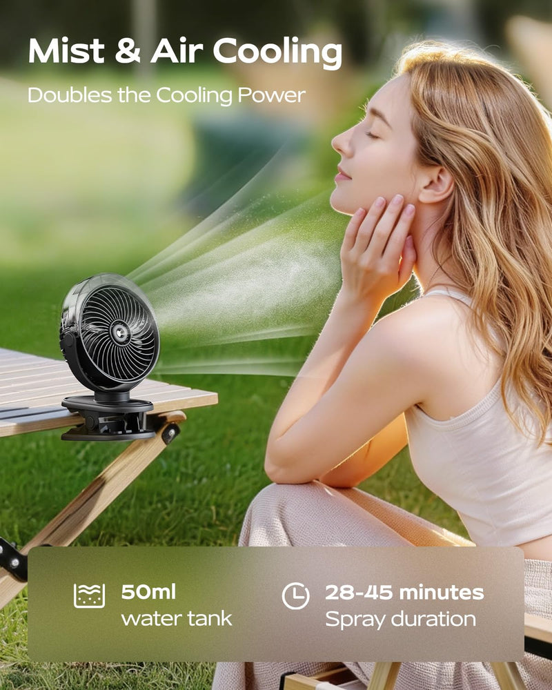 SWEETFULL Portable Misting Clip On Fan, USB-C Rechargeable Mini Personal Cooling Fan with 4 Speeds, 360° Rotatable, Quiet Cooling for Outdoor, Camping, Golf Cart, Travel, Stroller & Desk (Black) Black