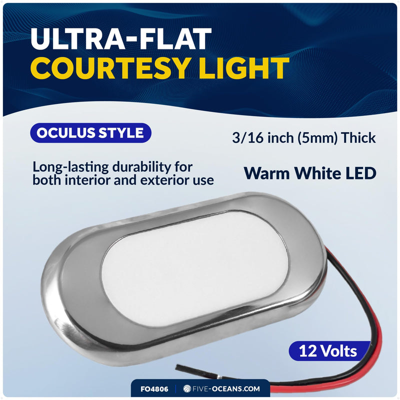 Five Oceans Ultra-Flat LED Boat Courtesy Lights, Warm White, Oculus Style | 12V DC, 3-1/8 x 1-7/16 x 3/16 inch, IP67 Waterproof, Stainless Steel Ring, For Boats Pontoon RVs, FO4806 Warm White LEDs