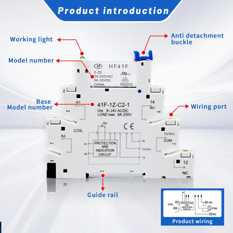 (2Pcs) 5V Silm Relay Din Rail;DC 5V;HF41F/5-ZS 5 Pin 1NO 1NC 6A SPDT with LED Indicator with Socket Base;Max 6A 250VAC; 2