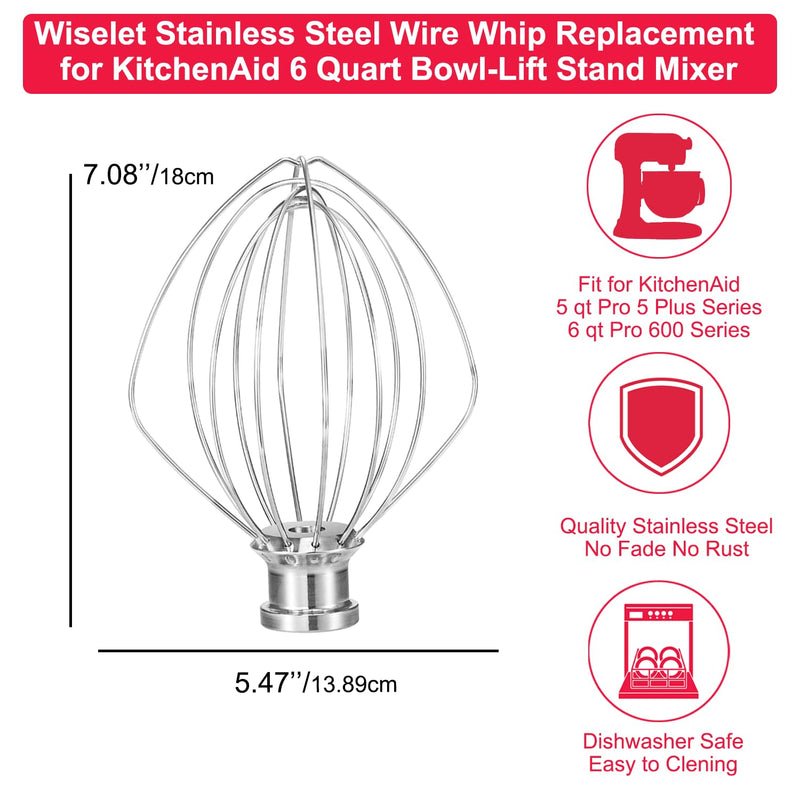 KN256 Stainless Steel Wire Whip for Bowl-Lift Mixer 6 Quart Bowl, 6 Wire Whisk Fits for Professional 600, KP26M1X,KD2661X,KP2671X,Pro 6500,Heavy Duty, Dishwasher Safe, Balloon Whisk KV25 KP25 KP26 KL26 KT26 KSM55/60 KSM6521