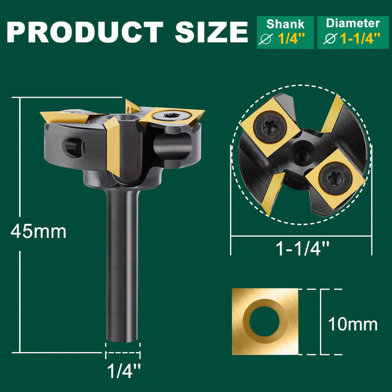 CNC Spoilboard Surfacing Router Bit 1/4'' Shank, 1-1/4'' Diameter | Slab Flattening Router Bits Wood Router Flattening Bit with Titanium Coated Carbide Insert for Wood Planing Bit 1/4" Shank-1-1/4" Cut Dia. (2+2 Inserts) TiN