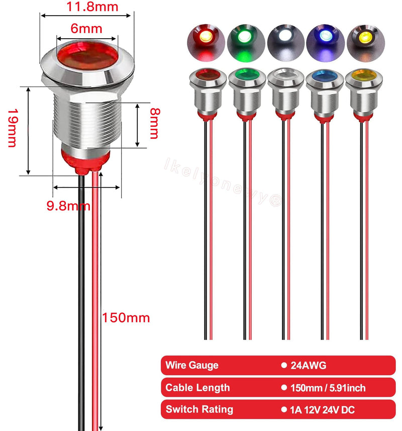 Led Metal Indicator Light 10MM Small12V Waterproof Signal Lamp 24 Volt Dash Lights Pre-Wired Industrial Electrical for Car Truck Boat Red Yellow Blue Green White (lkelyonewy)