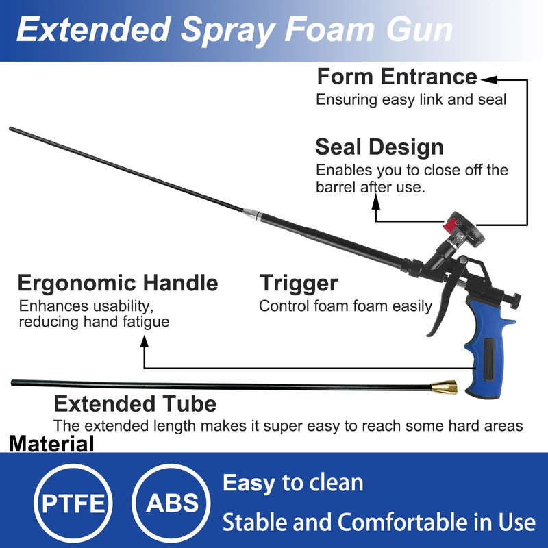 25inch Extended Spray Foam Insulation Gun,Professional Expanding Foam Gun,Dispensing Foam Gun Suitable for Caulking, Filling, Sealing(BLUE) Blue Extended Foam Gun