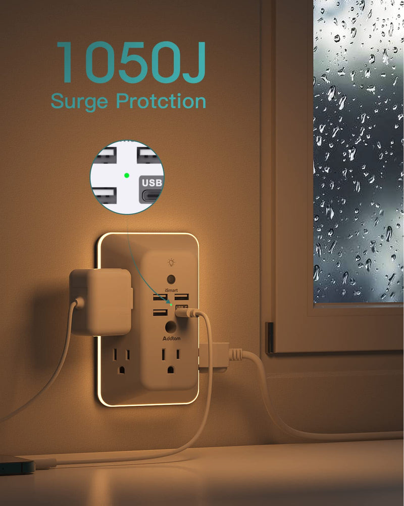 Surge Protector, Outlet Extender with Night Light, Addtam 5-Outlet Splitter and 4 USB Ports(1 USB C), Multi Plug Wall Outlet for Home Office Dorm Room Essentials 1C3A White