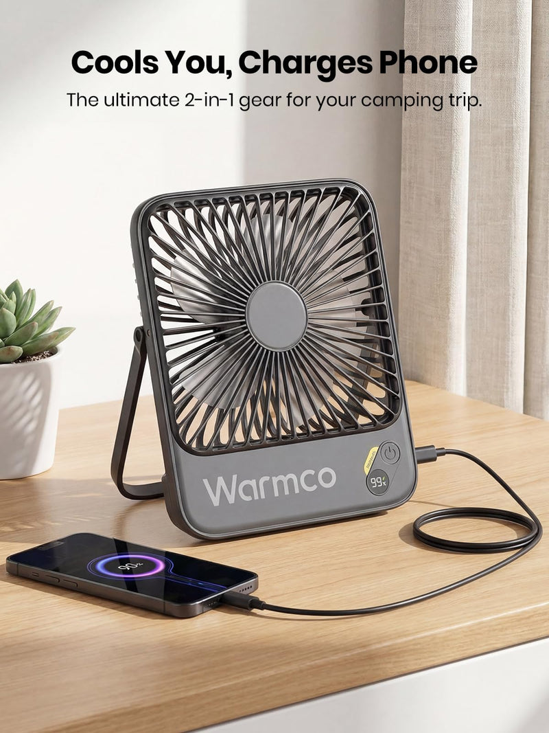 Warmco 10000mAh Portable Travel Fan 7-inch, Max 24H Runtime, Ultra-thin Quiet Rechargeable Battery Operated Desk Fan with Digital Display for Camping, Office, Bedroom, Cruise Essentials Black