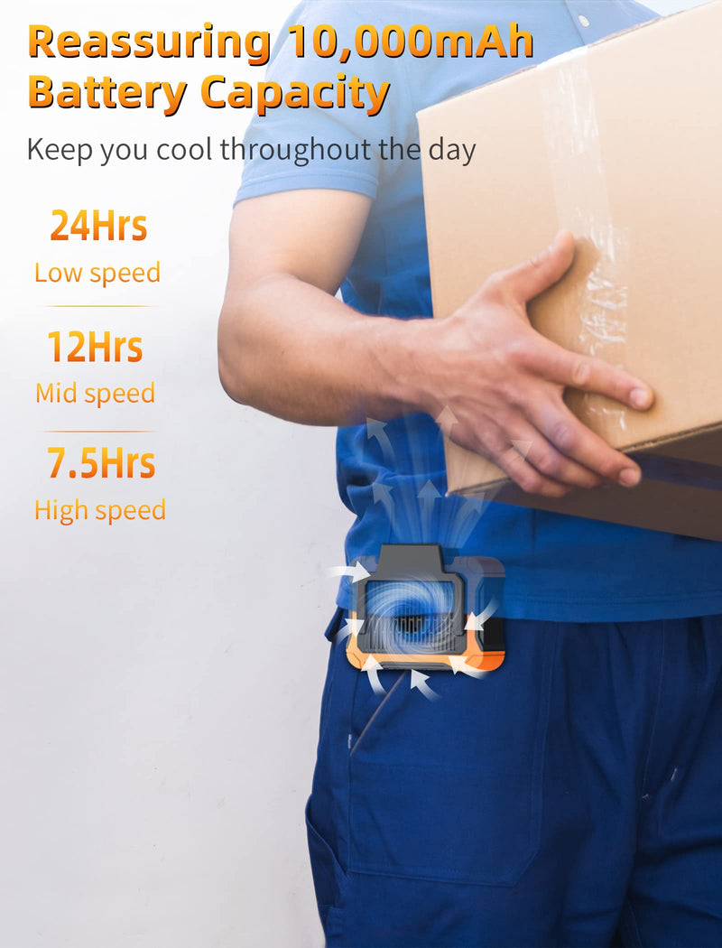 Koonie 10000mAh Waist Clip Fan with Solar Panel, 30H Working Time, Personal LED Light, Battery Powered Belt Fan, Strong Airflow, 3 Speeds, Body for Outdoor, Working, Camping, Hiking Orange-10000mAh