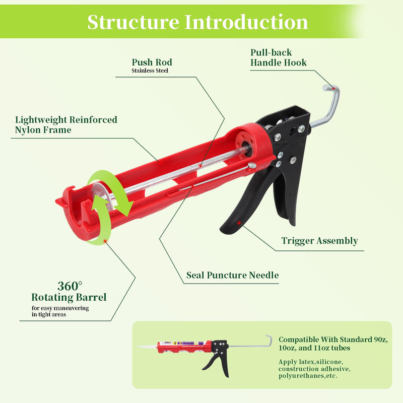 Drip-free Caulking Gun Ratchet Rod Silicone Gun Sealant Dispenser Joint Grouting Gun 15:1 Thrust Ratio Labor-Saving Lightweight Nylon Frame Cartridge Gun for 10oz/300ml Standard Caulk Tubes Y01