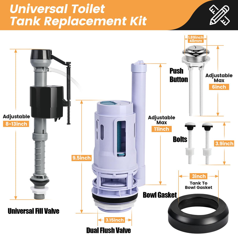3-Inch Dual Flush Valve Replacement Kit for 2-Piece Toilets, Universal Toilet Repair Kit with Push Button, Fill Valve, Gasket & Bolts,Compatible with Glacier Bay, American Standard, and Toto 3 Inch