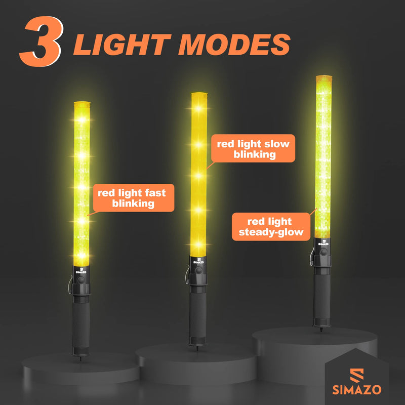 2 Pieces 21 Inch Signal Traffic Wand with 3 Flashing Modes & 6 Led Lights, Traffic Safety Baton with Wrist Strap for Air Marshalling, Car Directing, Parking Guides (Yellow) Yellow 2 Pack