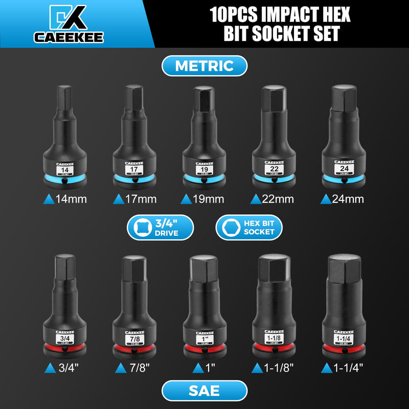 3/4" Drive Master Impact Hex Bit Socket Set, 10 Pieces Allen Bit Socket Set, Cr-Mo, SAE/Metric, 3/4" - 1-1/4", 14mm - 24mm, Heavy Duty Storage Case