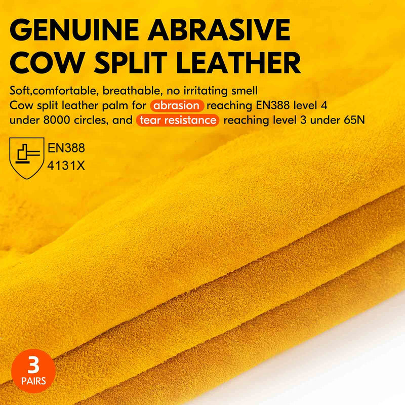 Vgo... 3-Pairs Unlined Cowhide Split Leather Work and Driver Gloves, for Heavy Duty, Truck Driving, Warehouse, Gardening, Farm (Size L, Gold, CB9501) Large(Pack of 3) Gold - Cowhide Split Leather
