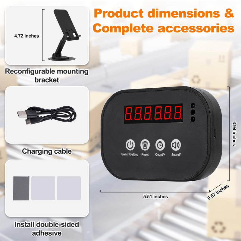 JIAWANSHUN Wireless LED Digital Counter, 999999 Piece Count,Rechargeable Infrared Counter with 19.5 Inch Sensor Distance, Preset Alarm, Daily/Cumulative Count for Conveyor & Gym