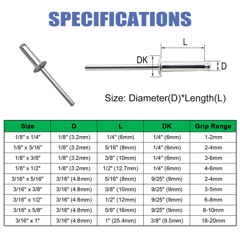 Maozaa 100 PCS 1/8" x 1/4" Aluminum Blind Rivets, 3.2 x 6mm Pop Rivets, Silver 1/8" x 1/4"