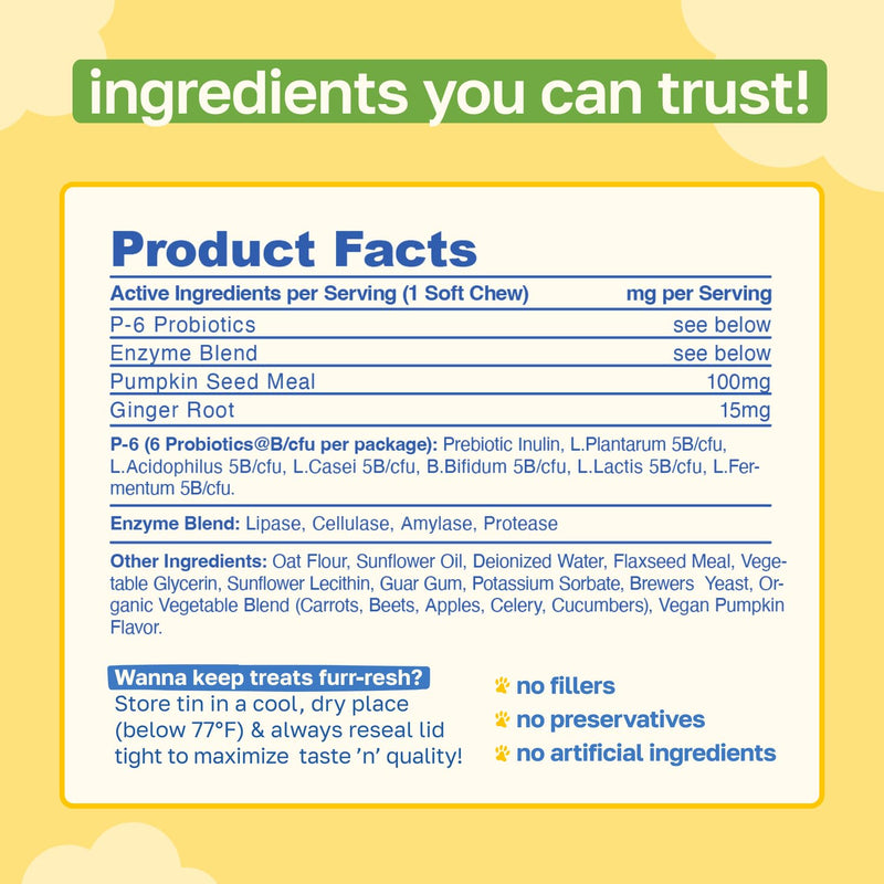 Happy Paws Digestive Support Supplement & Dog Probiotics, Supports Gut Health & Diarrhea with Enzyme Blend & Ginger Root, Pumpkin Flavor, Organic, Non GMO, 100 Soft Chews 100 Count
