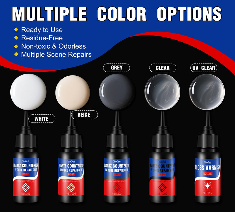 Quartz Countertop Repair Kit - 4×20g Repair Glue (Clear,White,Gray,Beige) - 30s UV Fast Curing with Gloss Varnish | DIY Fixes Chips,Cracks, Scratches on Marble,Granite, Acrylic, Porcelain, Fiberglass