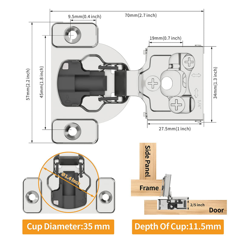 10 Pack 1/4" Small Overlay 4D Concealed Hinges for Face Frame Door, Soft Close On/Off Switch, Self Closing, 105° Open Angle Concealed Stainless Steel Hinges for Framed Cabinet, Satin Nickel 1/4" Overlay 10 Pack