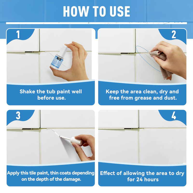 DWIL Tub and Tile Paint, White Paint for Bathtub, White Touch Up Paint for Porcelain, Scratches, Cracks and Spots on Tile, Quick Dry Porcelain Paint, Porcelain Repair Kit for Sinks, Enamel and Toilets, 1.5 Fl Oz(Semi White) Semi Gloss