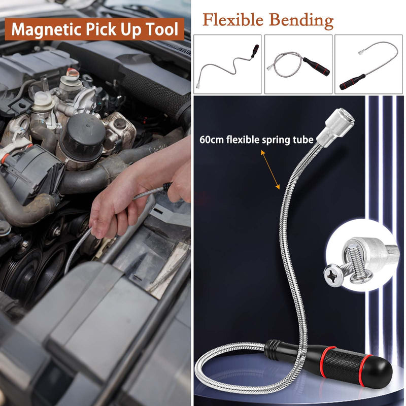 Telescoping Magnetic Pickup Tool Set,Telescopic Inspection Mirror,Flexible Bendable Spring Magnet Stick,LED Flashlight Pickup Rod, Cool Gadgets for Men