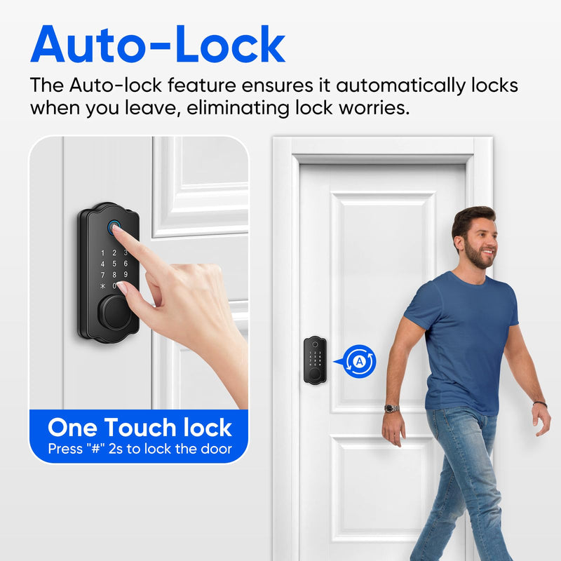 Fingerprint Smart Door Lock, Keyless Entry Deadbolt, Electronic Biometric Deadbolt with Phone/Watch App Control, Auto Lock with Touchscreen Keypad for Bedroom, Front Door, 7 Ways to Unlock without handle