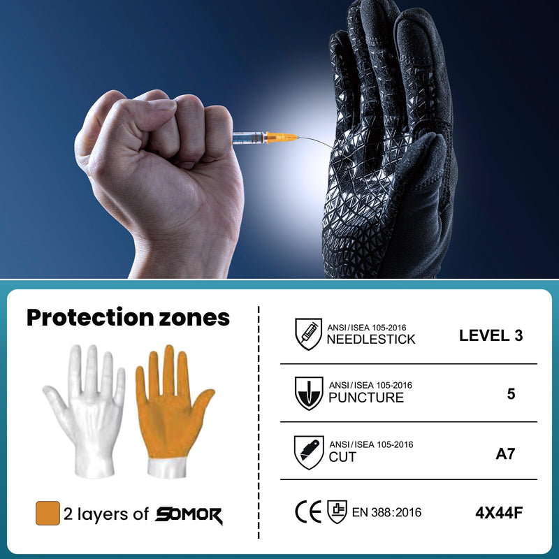 TAILI Level 3 Needle, Level 5 Puncture Resistant Men Work Gloves, Grip Enhanced A7 Cut Resistant Safety Gloves, Touchscreen and Breathable, Black, Large (L), 1 Pair Needle-resistant, Cut-resistant