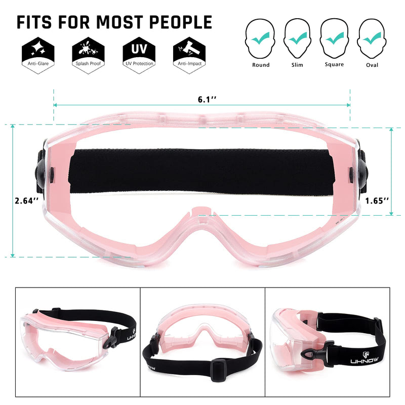 UKNOW Safety Goggles Over Glasses - Anti-Fog Clear Lens - ANSI Z87.1 Certified Eye Protection for Lab Work, Industrial Use Pink - NewNest Australia