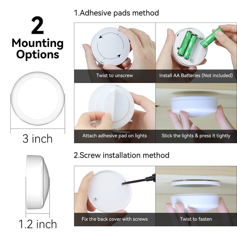 Puck Lights with Remote Control, Battery Operated LED Push Lights Wireless, 13 Color RGB - for Closet, Bedroom Wall, Under Cabinet, Battery Powered Puck Lights. Convenient 3M Stick On, 6 Pack 6-packs White