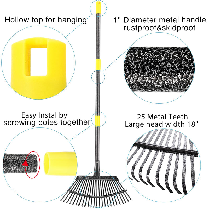 Leaf Rake, 30-61 inch Garden Rakes for Leaves Heavy Duty Long Handle, 25 Tines 18" Wide Metal Thatch Lawn Gravel Shrub Yard Landscape Rake for Leaves and Grass 30-61"