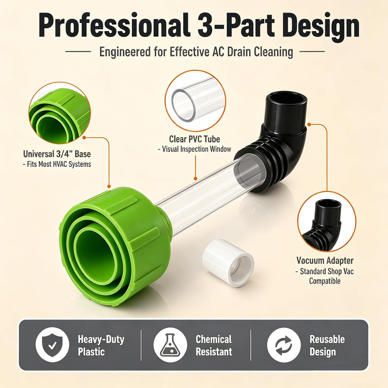 AC Drain Line Vacuum Adapter, AC Drain Line Unclogger Tool, Wet/Dry AC Drain Line Cleaner, Universal Fit for 3/4" & 1" PVC, Fits 4 Vacuum Hose Sizes, No Chemicals, Quick DIY Fix for HVAC Drain Lines