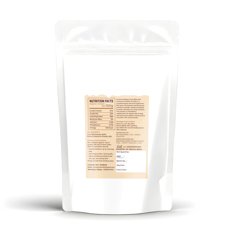 Goat Milk with Colostrum Powder for Dogs & Cats | 92% Goat Milk + 8% Bovine Colostrum | Highly Digestible Daily Milk Supplement for Pets | No Added Sugar, No Preservatives | 500 Gram