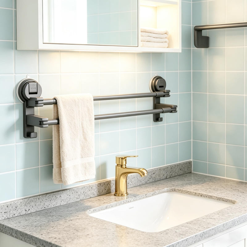 Adjustable Suction Cup Towel Bar for Bathroom Wall, 20.47 to 35.43 Inch Towel Racks for Bathroom, No Drill, Removable Bath Towel Holder for Shower, Gray