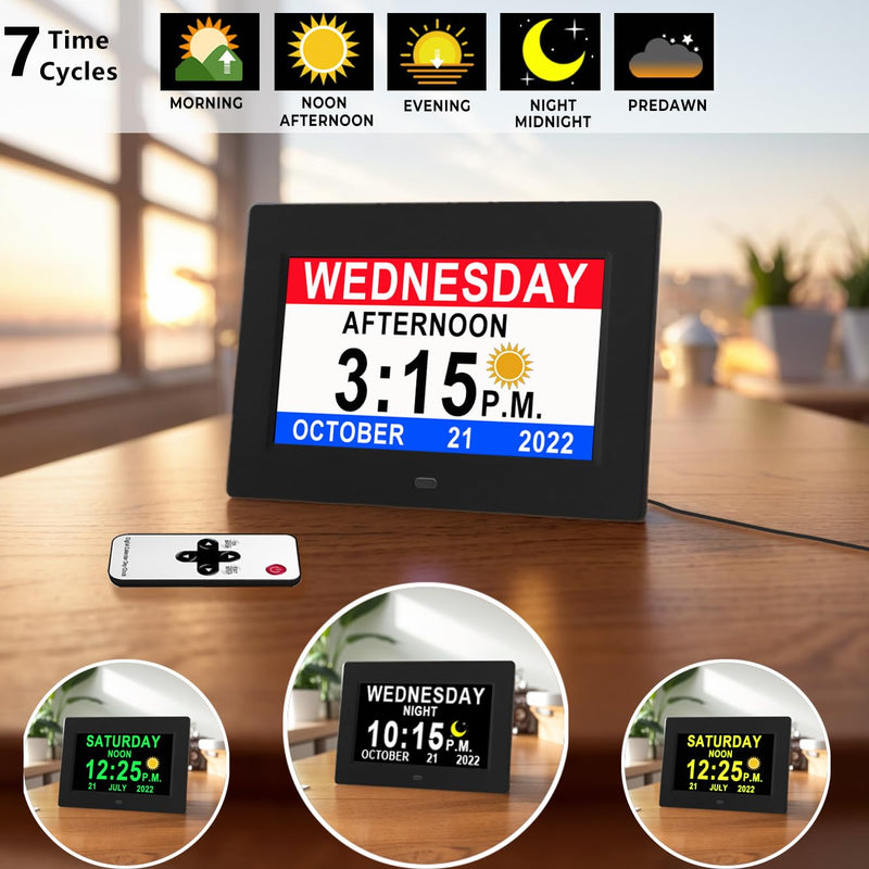 MASSII 19 Alarms Digital Talking Clock with Loud Voice Time Date, Auto DST, 20 Custom Reminders, 10-Level Dimmer, Sleep Trainer, Speaking Day Date Calendar Clock for Seniors Dementia- with Remote 7" Hd Black