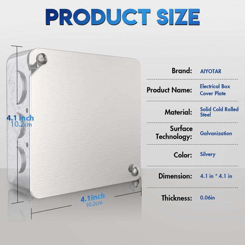 Metal Electrical Box Cover Plates, 4 Pcs Junction Box Covers, 4 Inch Square Flat Blank Electric Box Cover, Solid Cold Rolled Steel Outlet Box Cover for 4x4'' Square/Octagonal Box