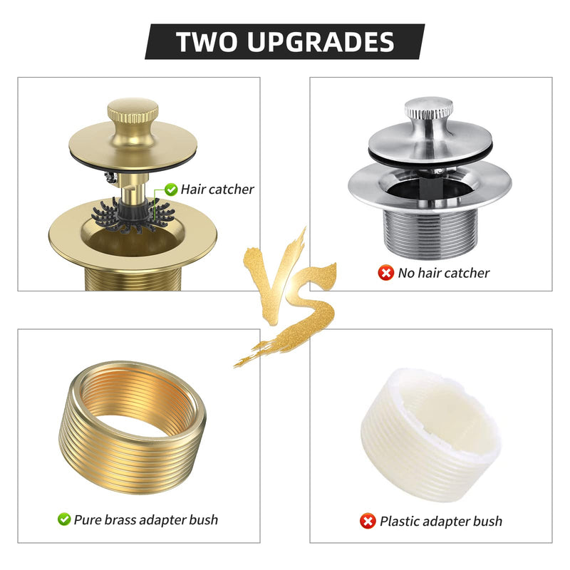 Brushed Gold Bathtub Drain Bath Tub Trim Set Conversion Kit Assembly, All Brass Lift and Turn Twist Tub Drains Replacement Trim Kit with Two-Hole Overflow Faceplate Brushed Gold