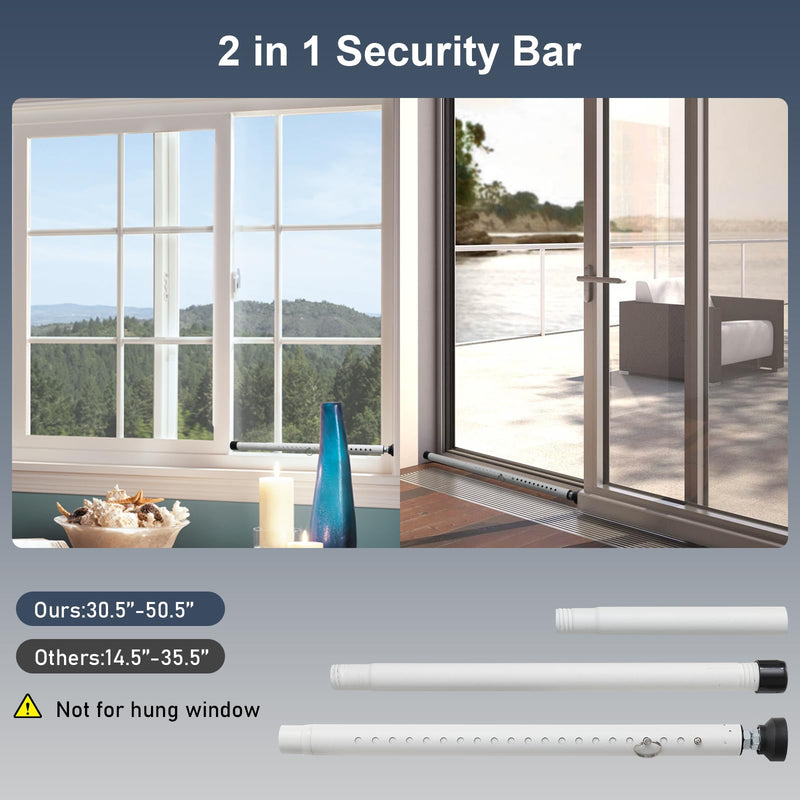 DIIG Sliding Door Security Bar，17.7-50.5inch Adjustable Locking Window Safety Bar with Rubber Tips,Diameter 1inch Window Security Bar for Home Apartment （White） 1 White