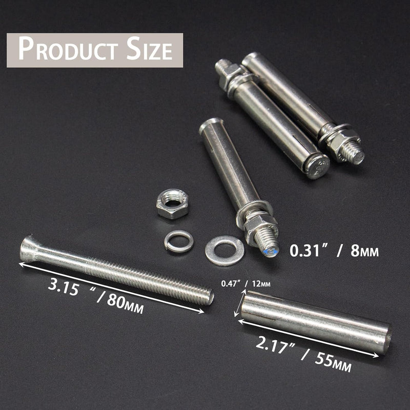 8 Pcs M8 x 80mm 304 Stainless Steel Hex Expansion Bolt, 304 Stainless Steel Expansion Screw Bolts Sleeve Anchoring Fastener Wall Concrete Brick Expansion Screw M8x80mm/8 Pcs