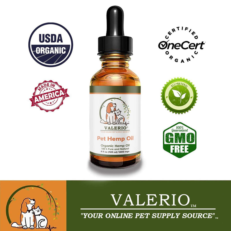 Valerio Pets Hemp Oil for Dogs and Cats , 4 Oz , - Hemp Oil Drops with Omega Fatty Acids - Hip and Joint Support and Skin Health