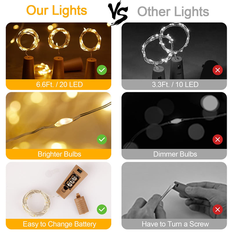 Brightown Wine Bottle Lights with Cork, 10 Pack 20 LED Waterproof Battery Operated Cork Lights, Silver Wire Mini Fairy Lights for Liquor Bottles DIY Party Bar Christmas Wedding Décor Warm White 10 PC